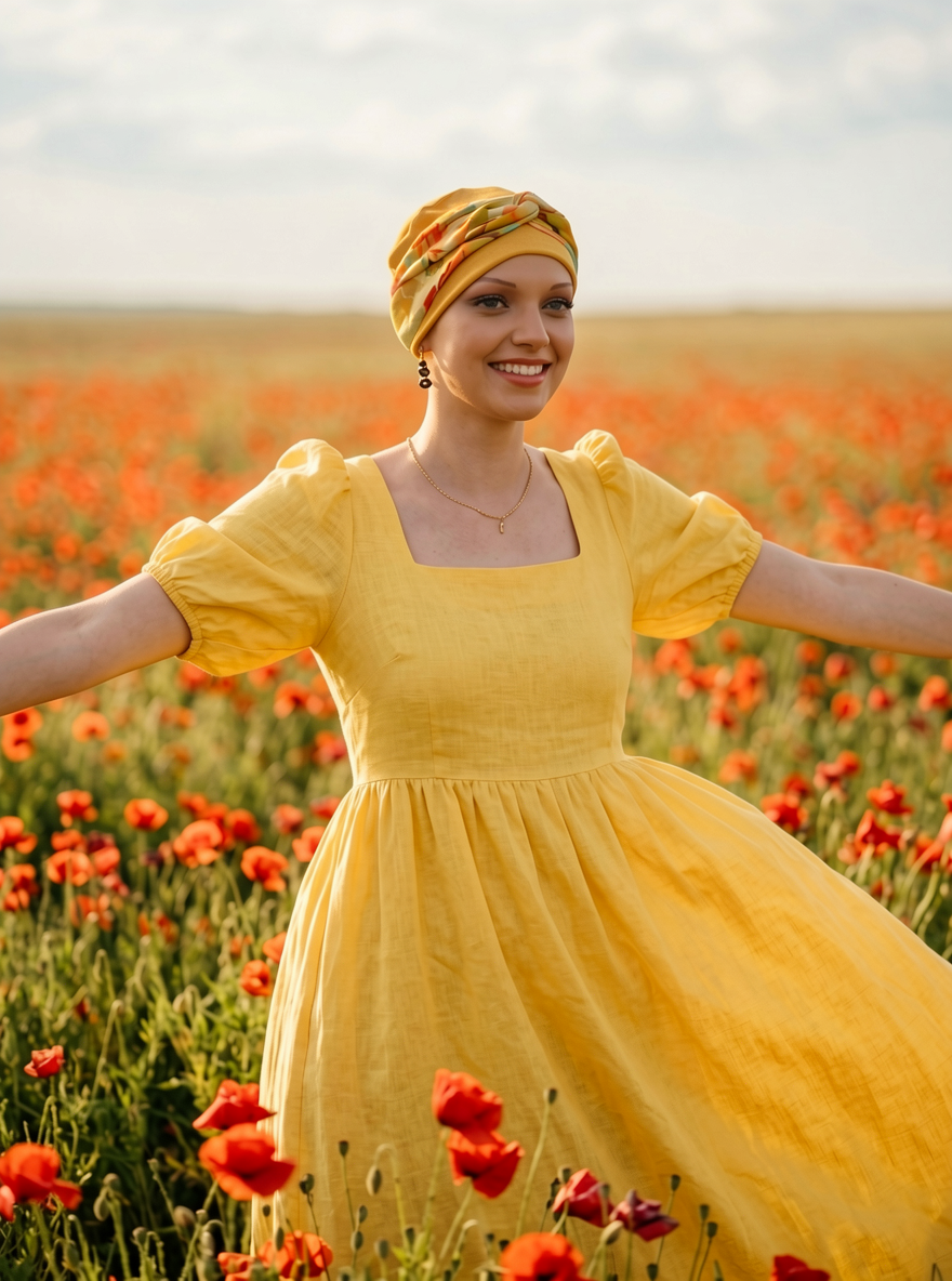 Pretty ladies chemo hat with interchangable twist headband - Tina mustard sunshine