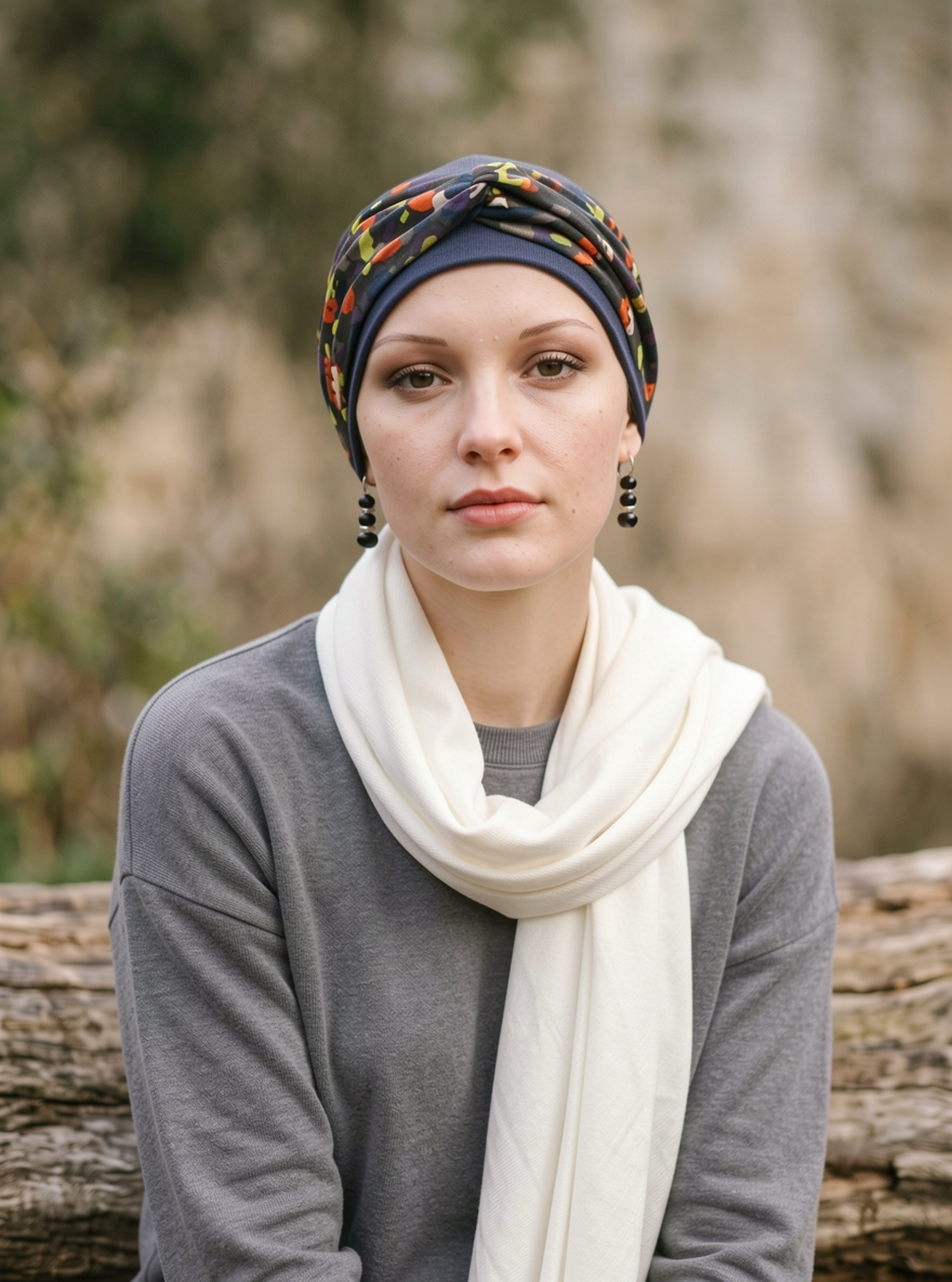 Stylish womens chemo hat with removable twist headband - Tina steel winter palette