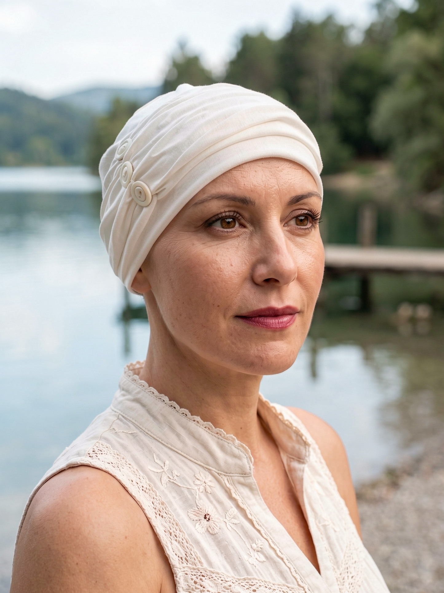 Soft chemo hat and removable tri button headband - Billie cream