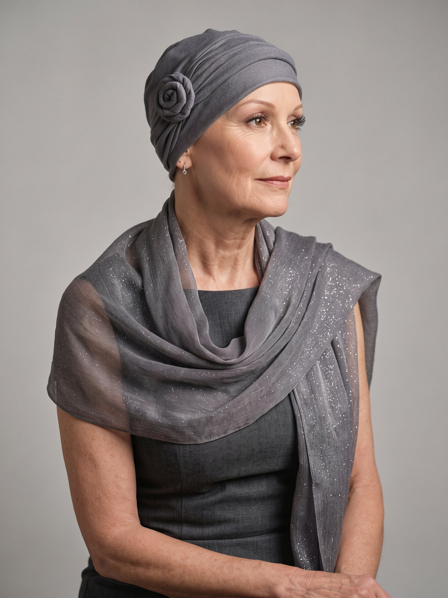 Soft chemo hat and removable rose headband - Rosie dark grey