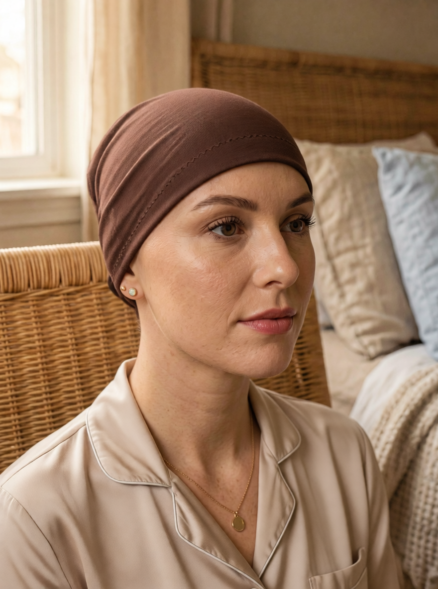 Soft lightweight comfortable chemo sleep hat/sleep cap - Chrissy Brown