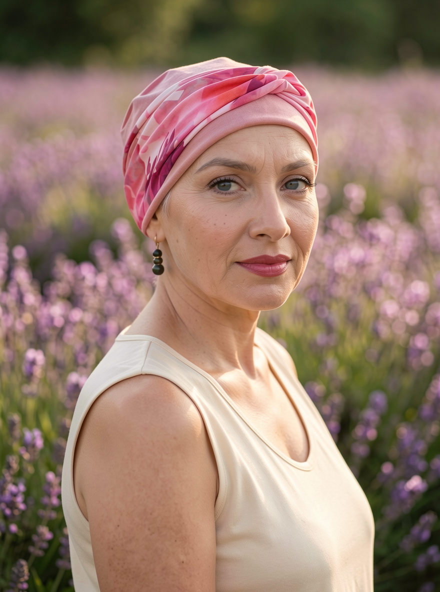 Soft comfortable chemo hat with interchangable twist headband - Tina dusky patsel floral
