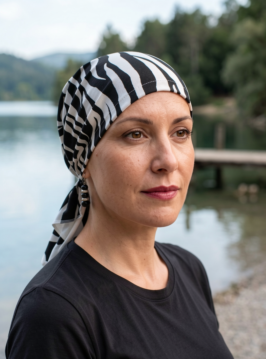 Soft light weight jersey chemo bandana - pre tied chemo scarf - Pippa black white zebra