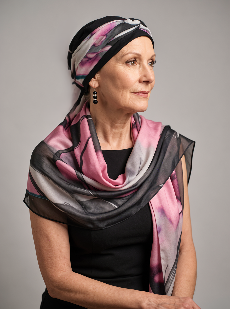 Comfy womens chemo hat with removable twist headband - Tina black pink grey haze
