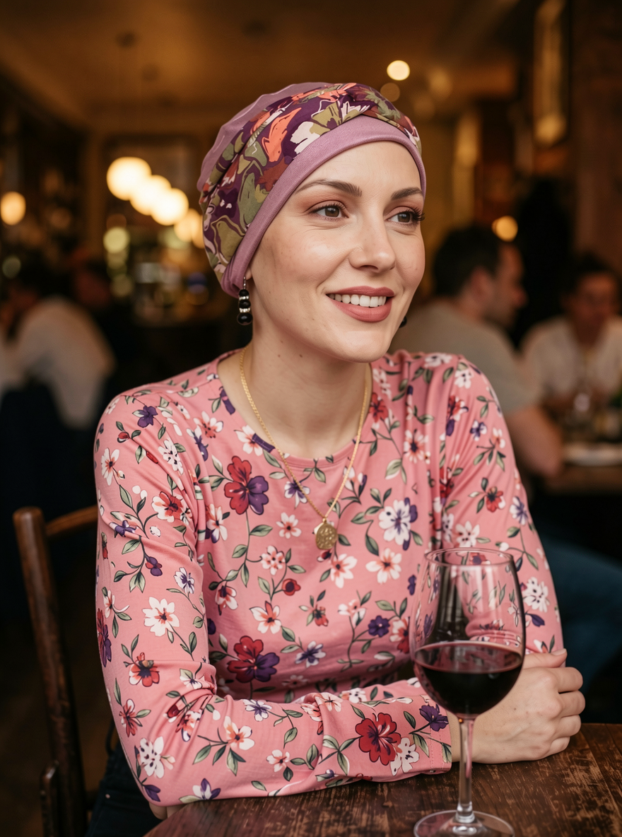 Comfy womens chemo hat with removable twist headband - Tina rose pansy