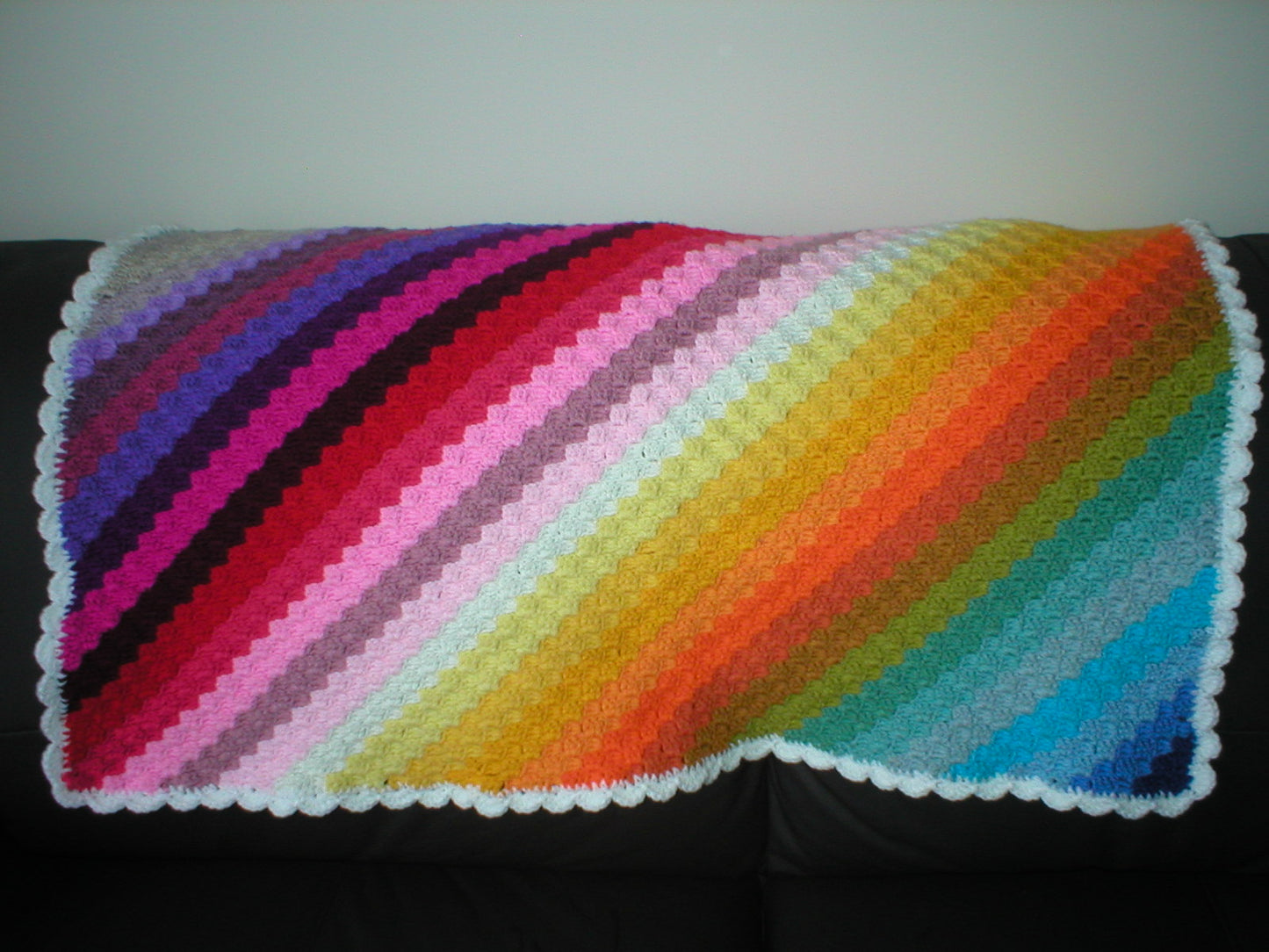 Soft hand crocheted lap blanket - Rainbow stripe 34x34 inches