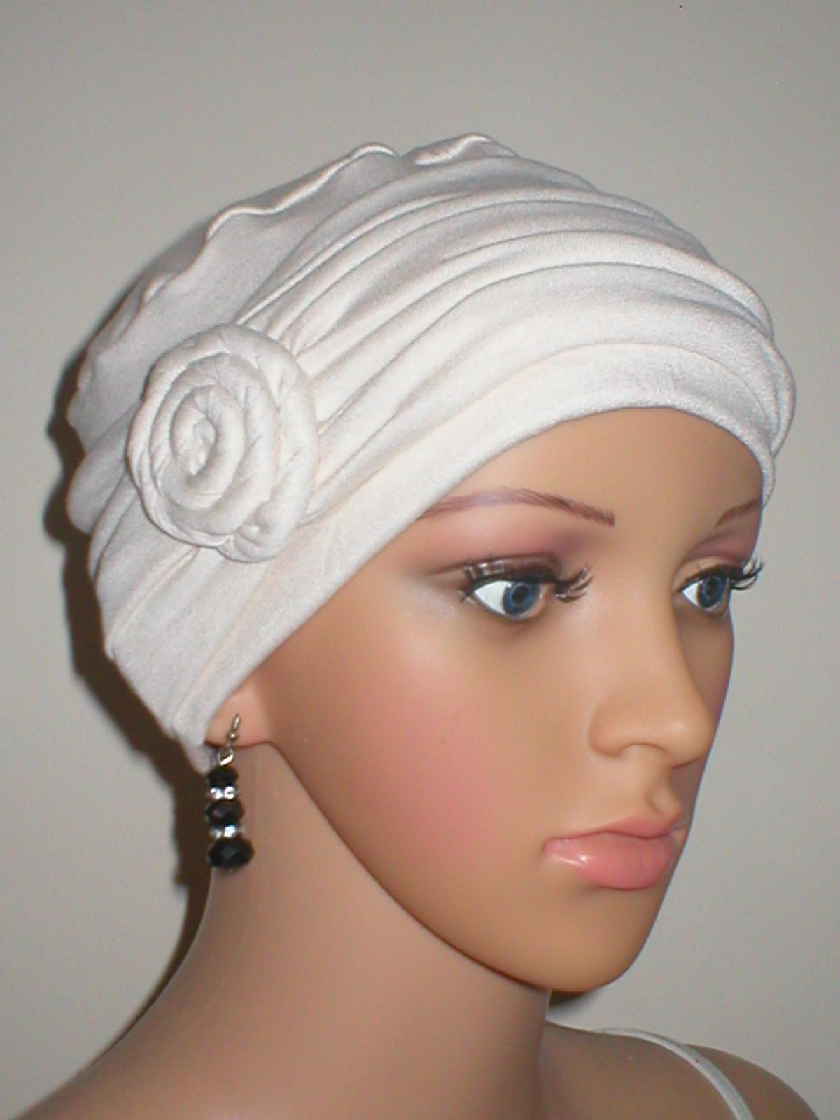 Soft breathable comfortable chemo hat and removable rose headband - Full coverage cancer headwear for hair loss - Rosie cream
