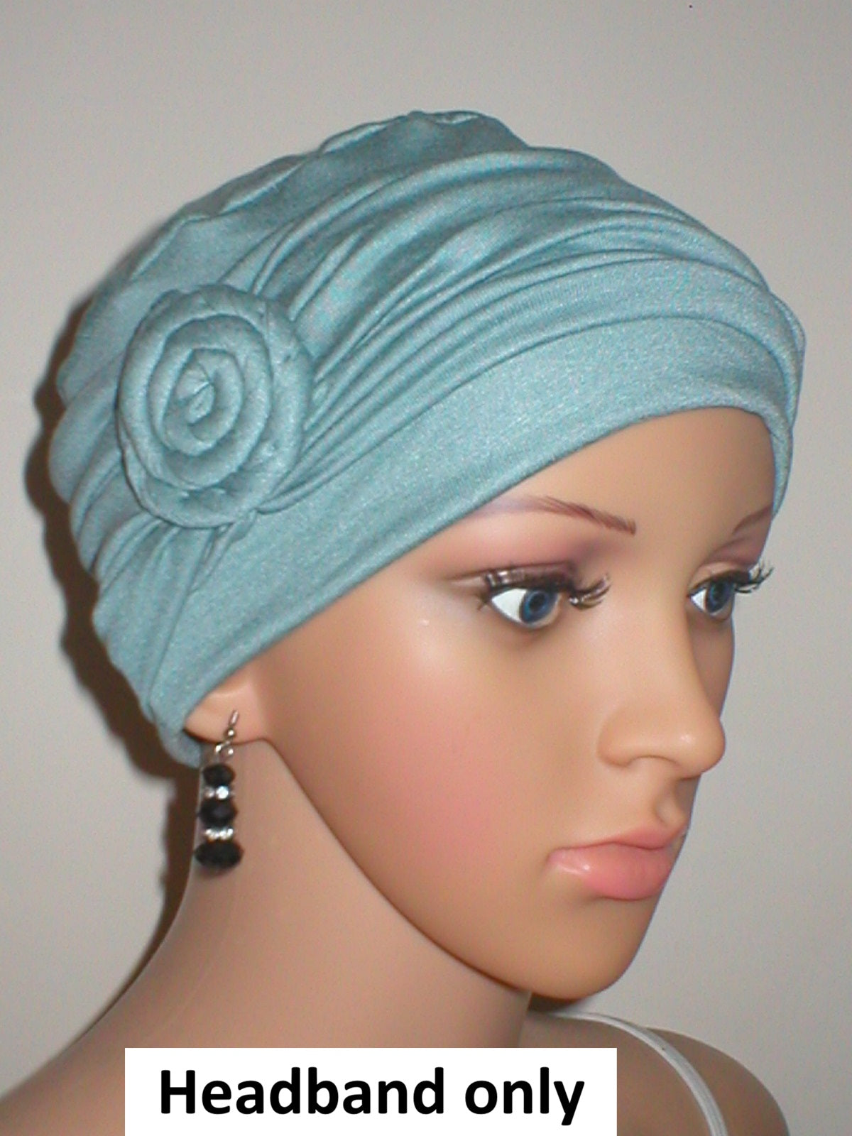Soft jersey chemo headband with rose - chemo hat accessory - Rosa duck egg