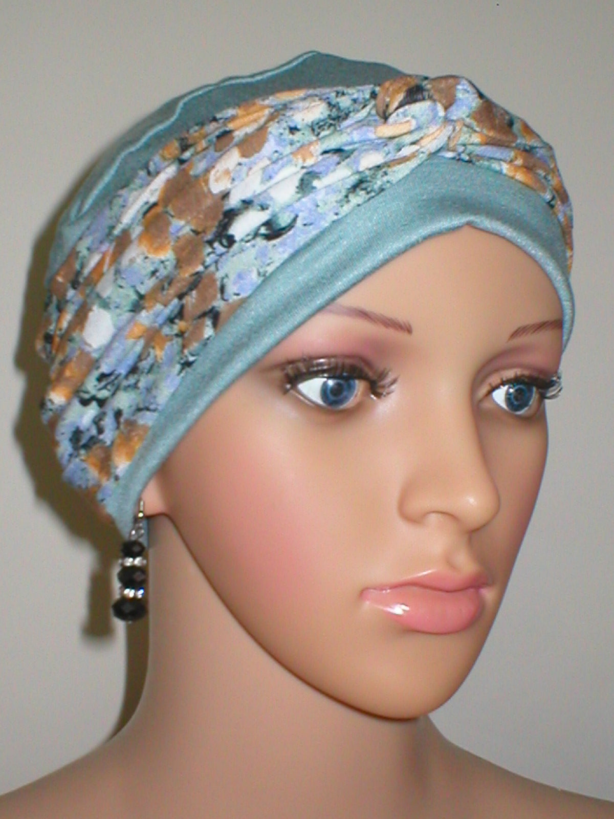 Soft chemo hat for hair loss and removable twist headband -Full coverage for cancer hairloss - Tina duck egg ochre berry