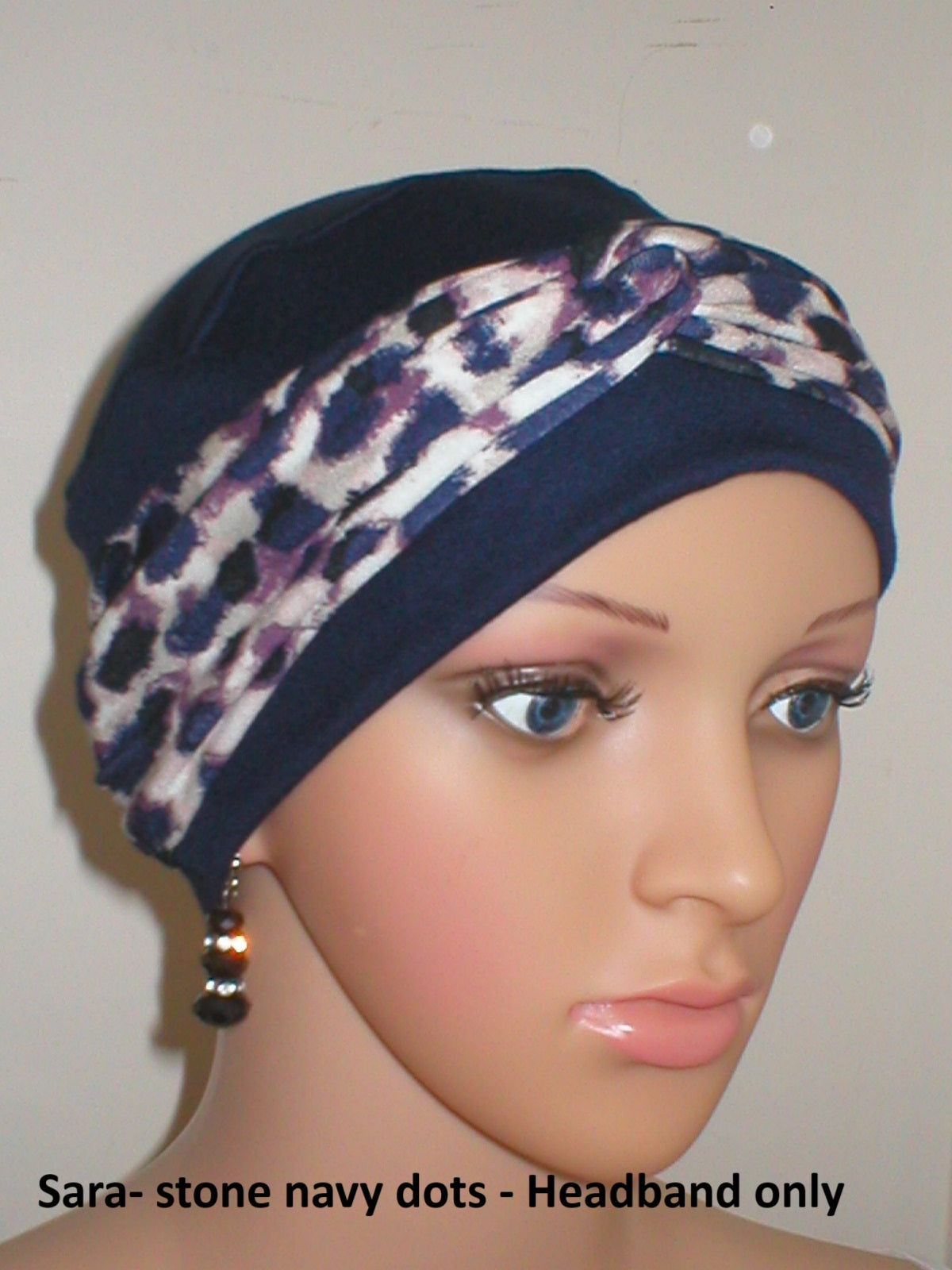 Soft twist jersey patterned stretchy chemo headbands - Sara stone navy dots