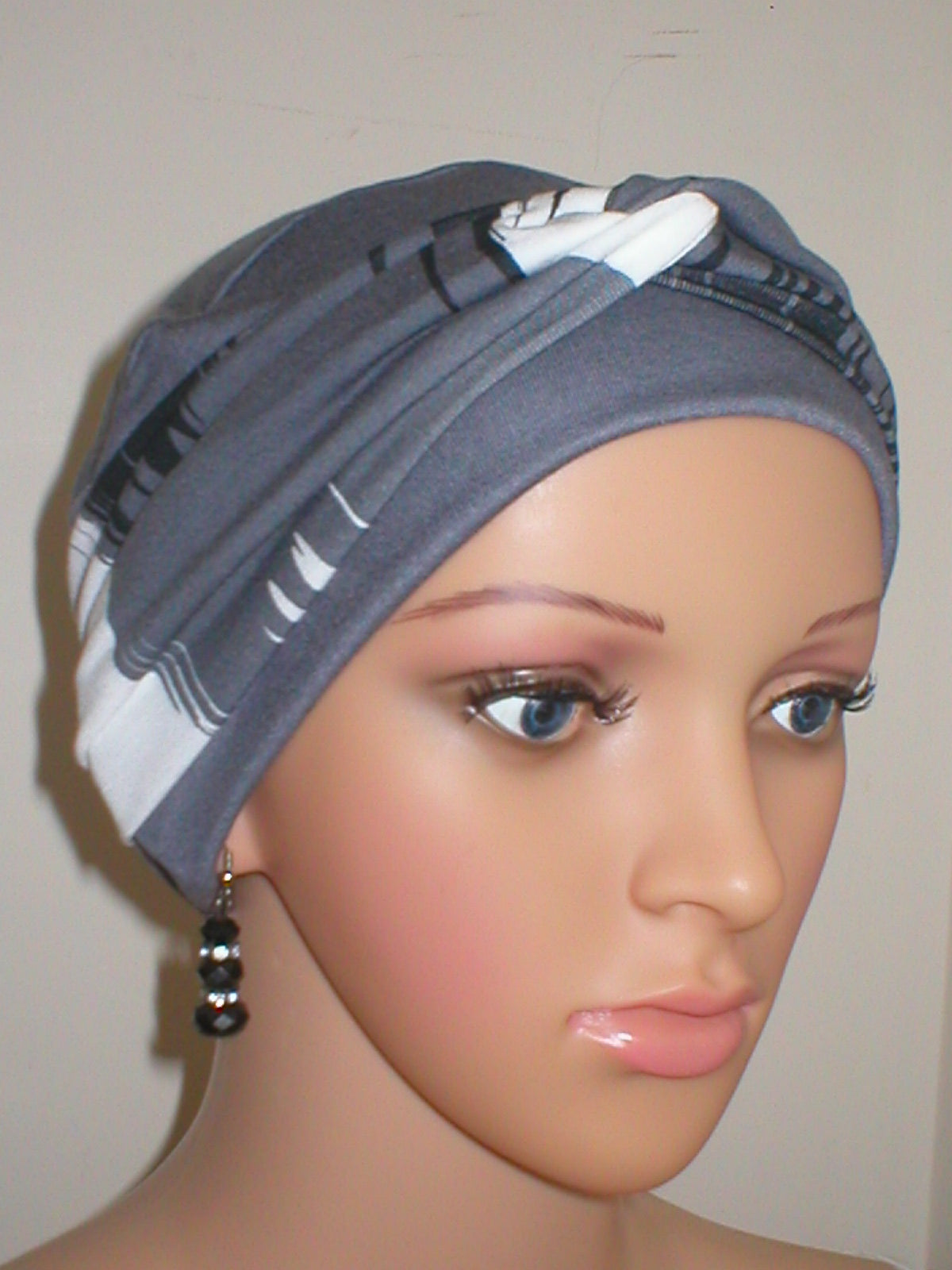 Soft breathable comfortable chemo hat and removable twist headband - Full coverage for cancer hairloss/Alopecia - Tina grey brishstrokes
