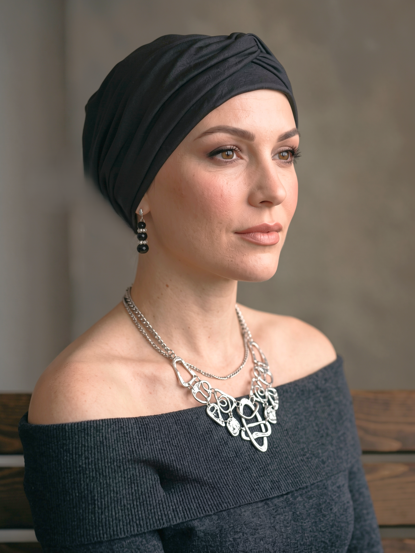 Soft jersey chemo hat for hair loss with removable twist headband - Suzie black