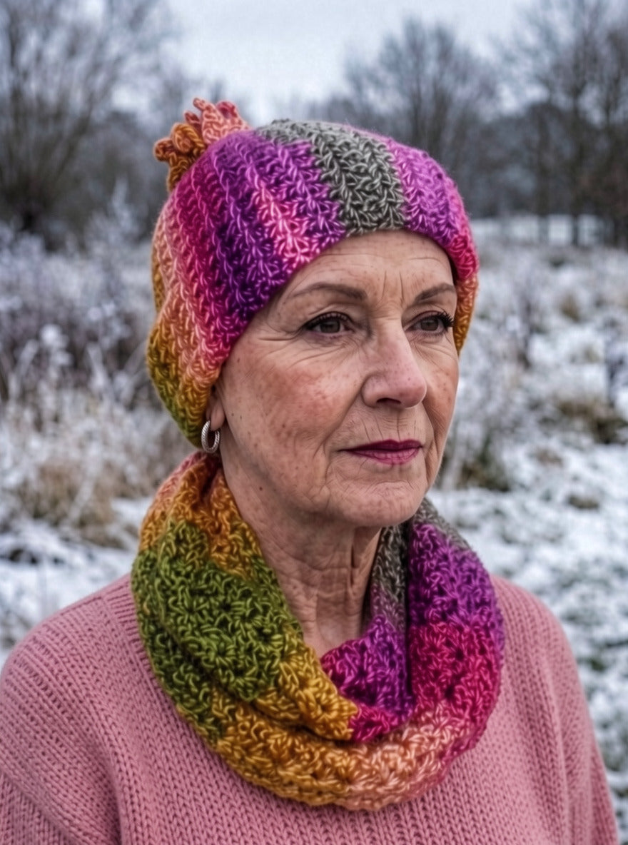 Supersoft hand crochet beanie with turn up and crochet pom pom - Afterglow