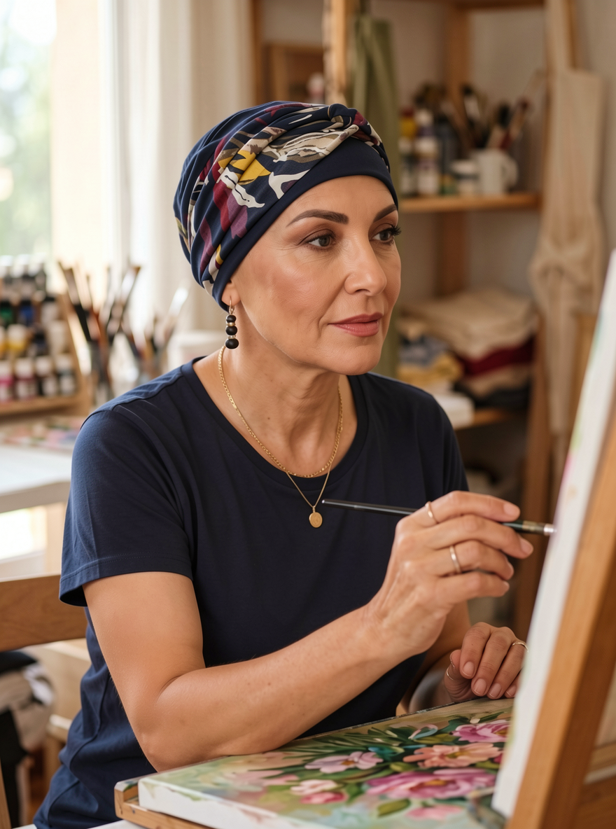 Soft comfy chemo hat and removable twist headband - Tina navy lily