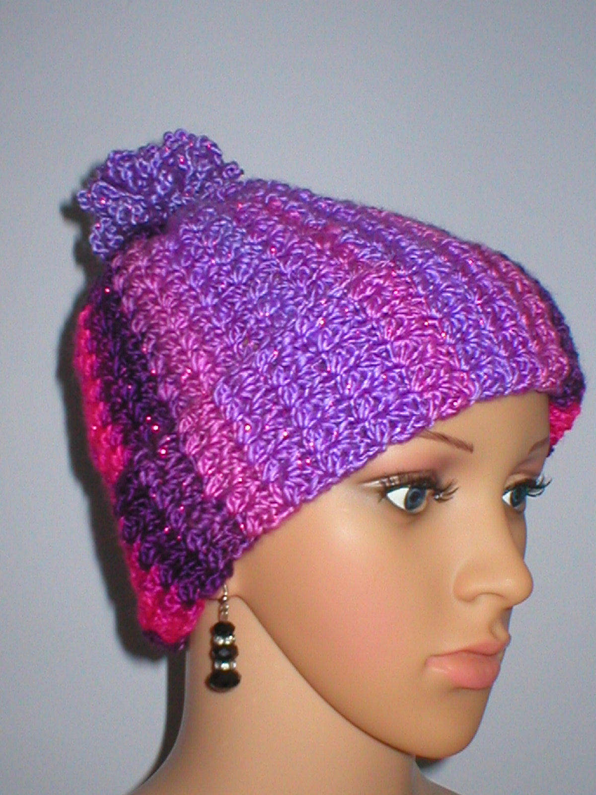 Supersoft hand crochet sparkle beanie with turn up and crochet pom pom - Berry shine