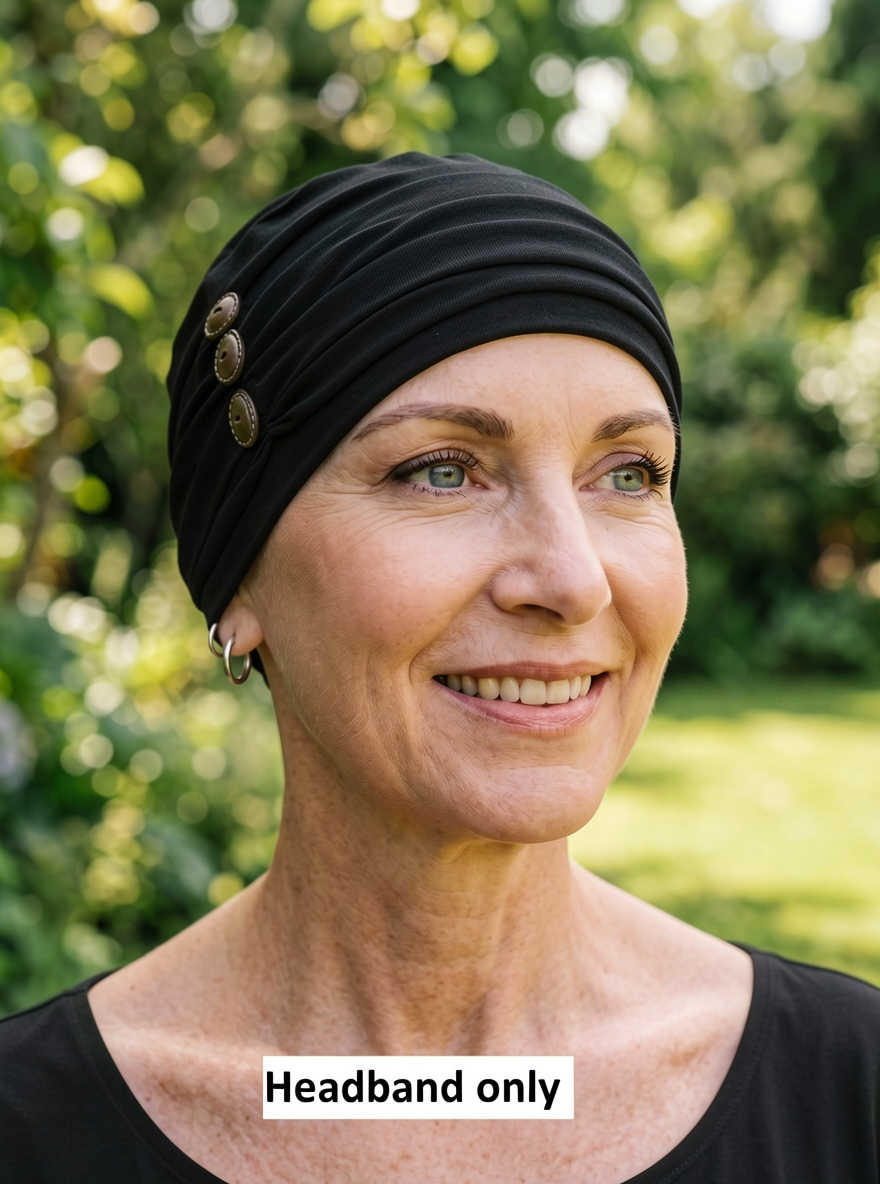 Soft jersey headband with buttons - chemo hat accessory - Millie black