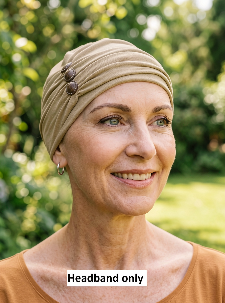 Soft jersey headband with buttons - chemo hat accessory - Millie caramel