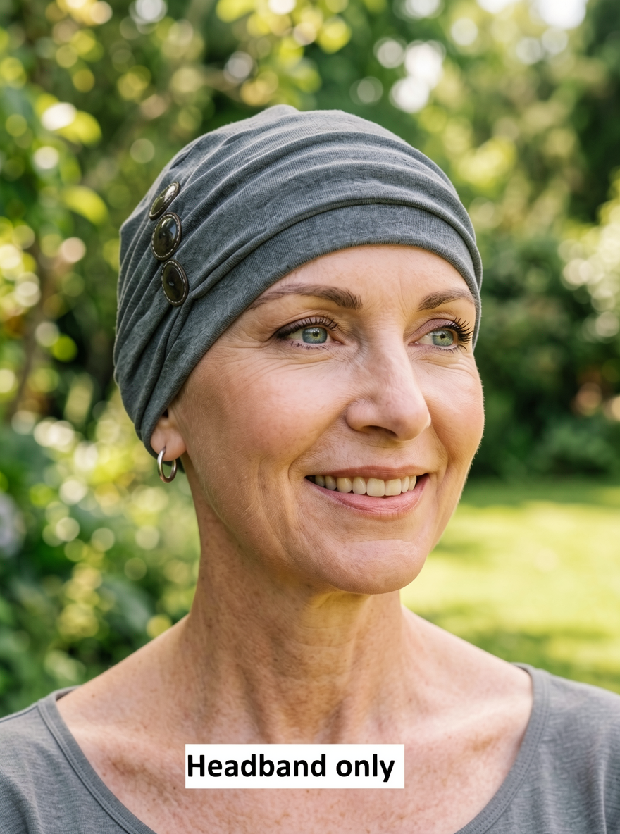 Soft jersey headband with button detail - chemo hat accessory - Millie dark grey marl