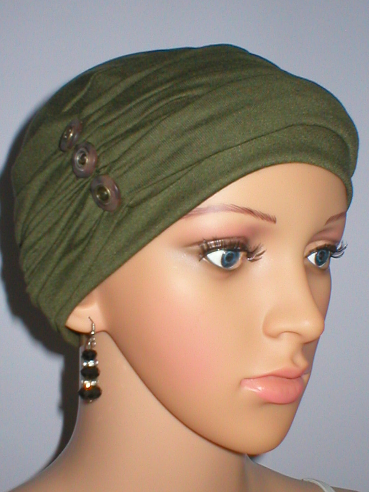 Soft womens chemo hat and removable button headband - Billie khaki