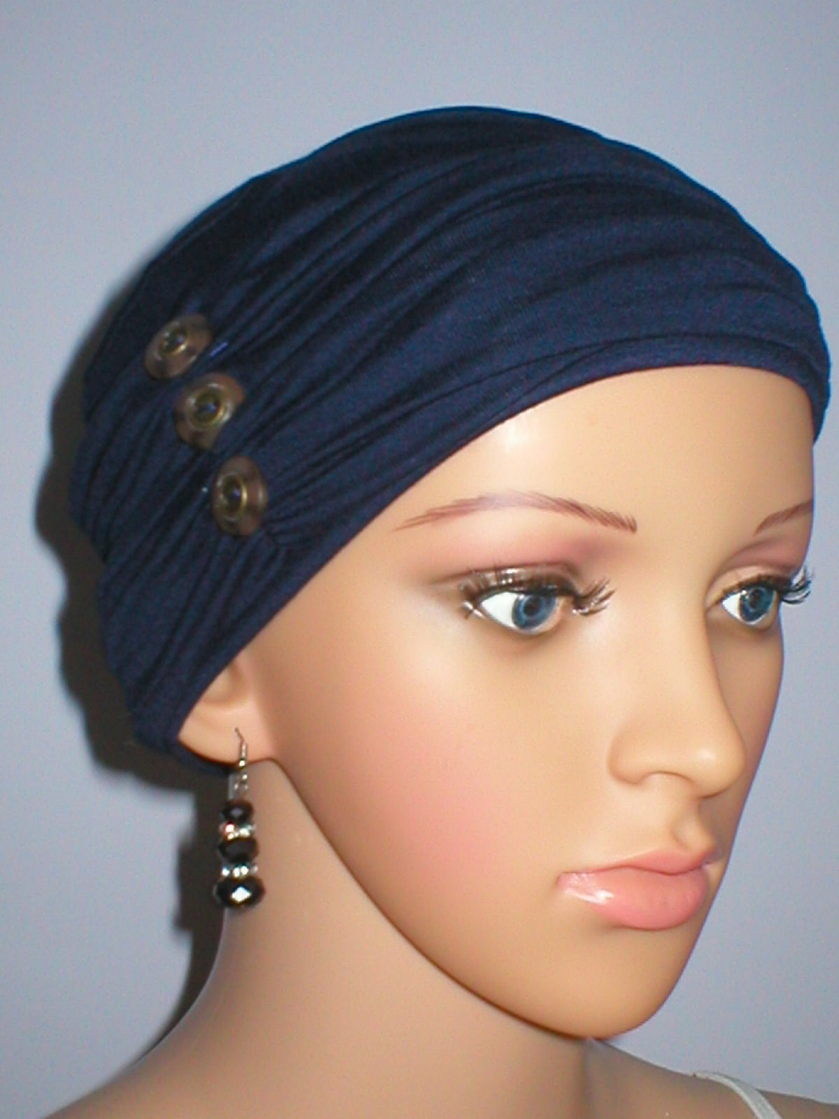 Soft ladies chemo hat and removable button headband - Billie navy