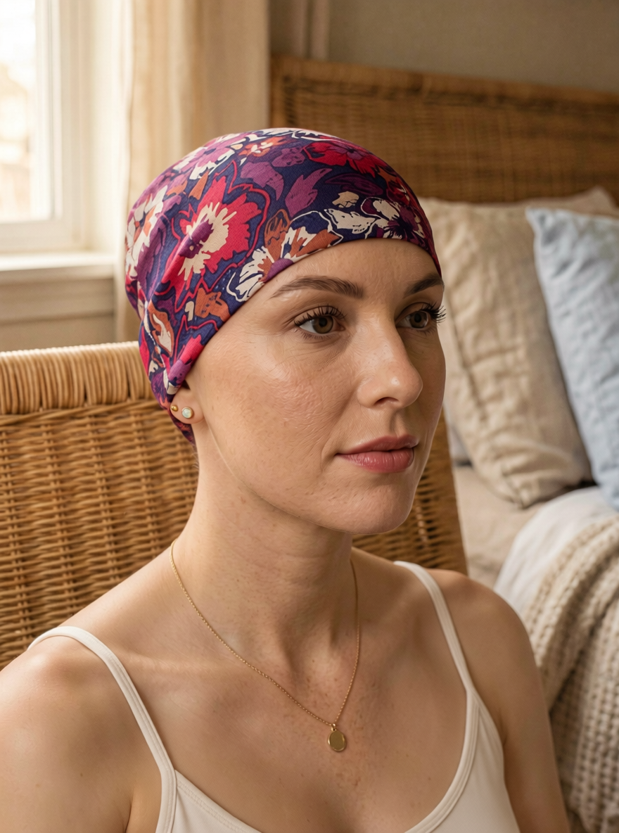 Soft lightweight comfortable chemo sleep hat/sleep cap - navy pansy