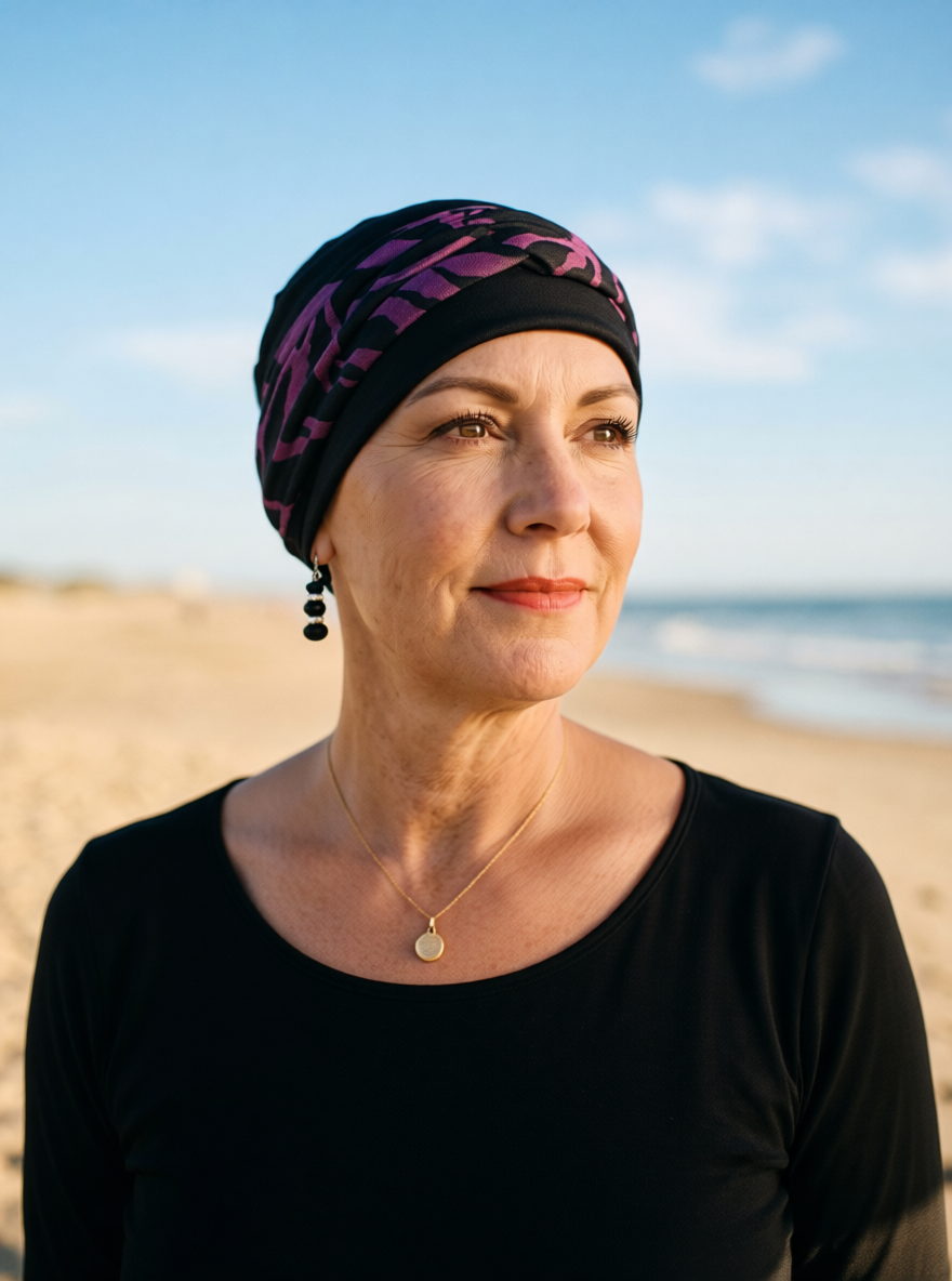 Soft comfortable chemo hat and removable twist headband - Tina black plum zebra