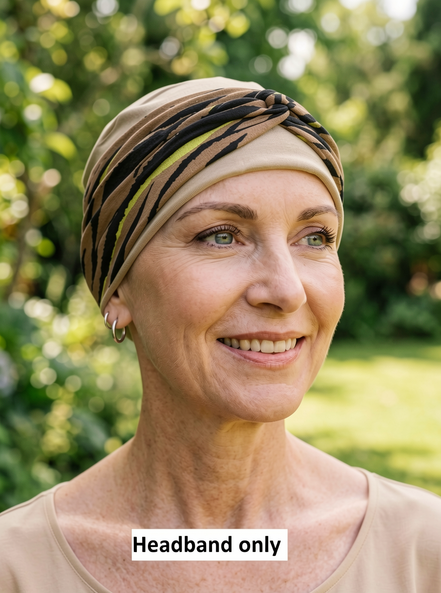 Soft twist jersey patterned stretchy chemo headbands - Sara camel gold tiger