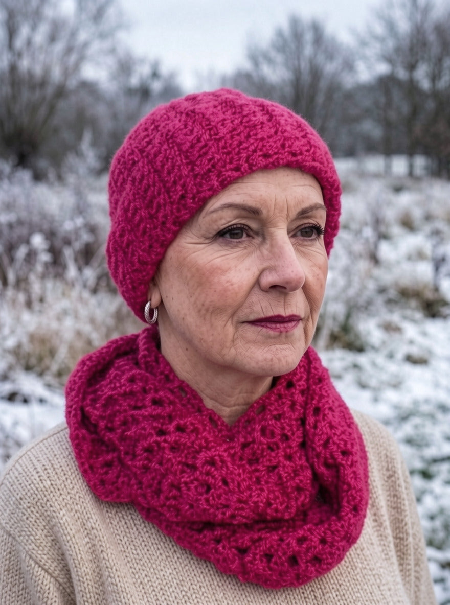 Supersoft hand crochet chunky beanie hat with turn up and infinity scarf - Cerise