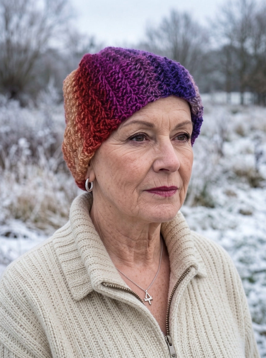 Hand crochet chemo heanie with turn up - Cosmic