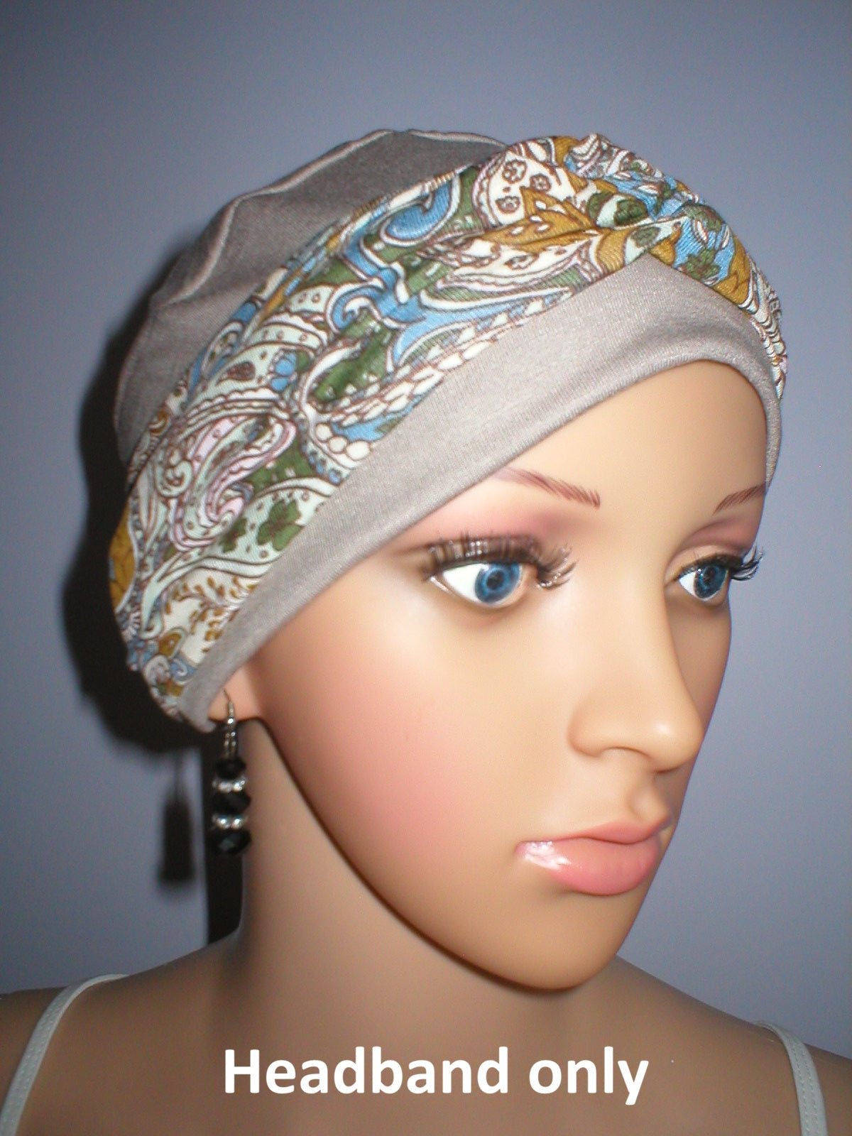 Soft twist jersey headband - chemo headwear accessory - Cream green ochre paisley