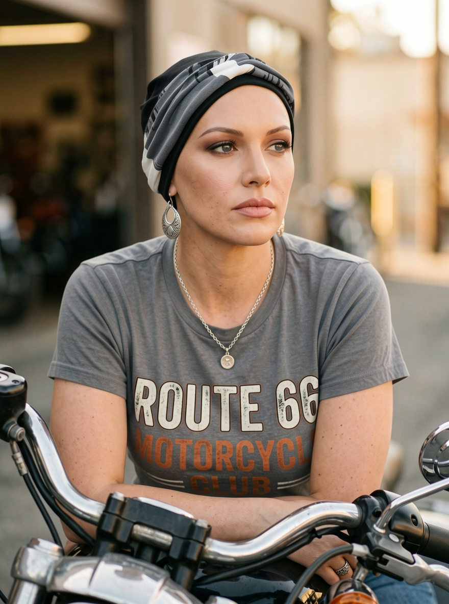 Soft jersey chemo hat and removable twist headband - Tina black brushstrokes