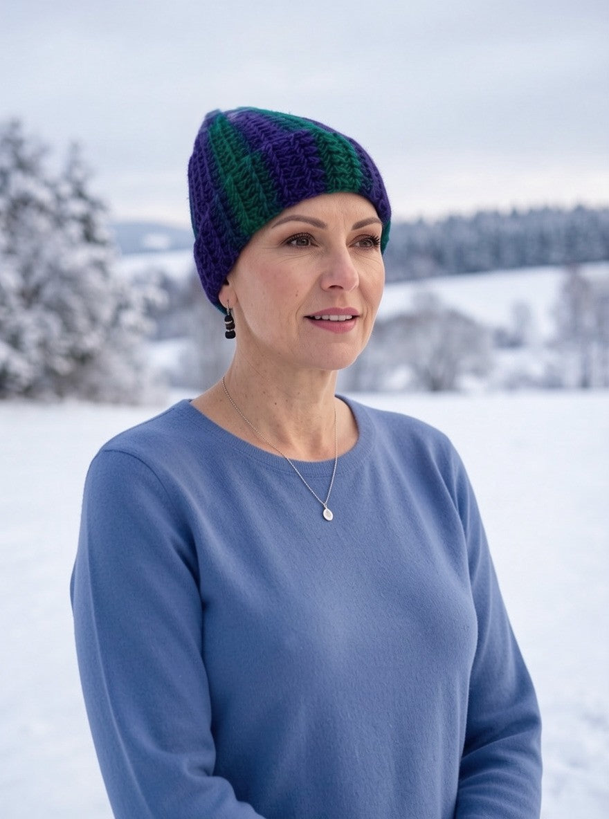 Hand crochet chemo heanie with turn up - Deep