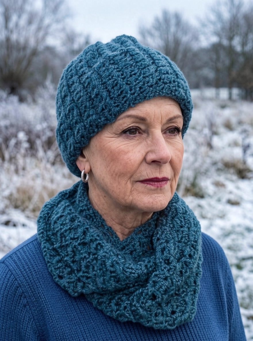 Soft hand crochet chemo beanie and infinity scarf - Denim
