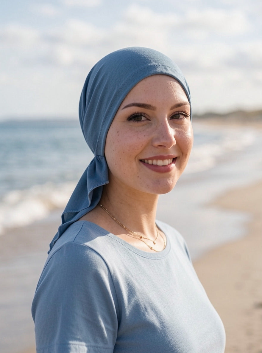 Soft lightweight jersey chemo bandana - pre tied chemo scarf - Kiki denim