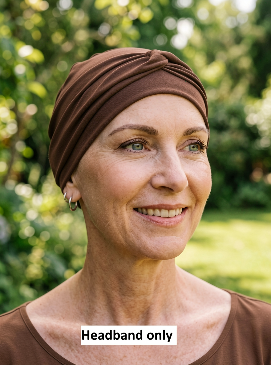 Soft plain colour jersey chemo twist headband - Emma brown