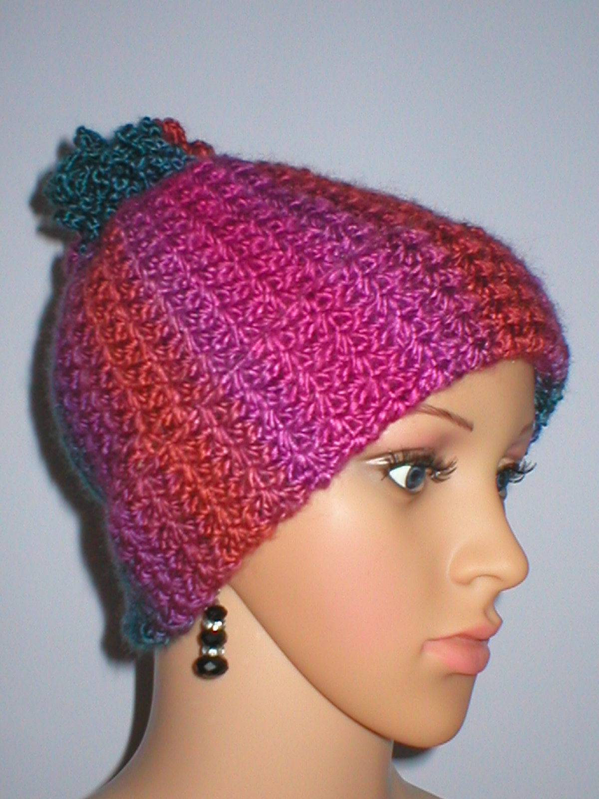 Supersoft hand crochet beanie with turn up and crochet pom pom - Flame