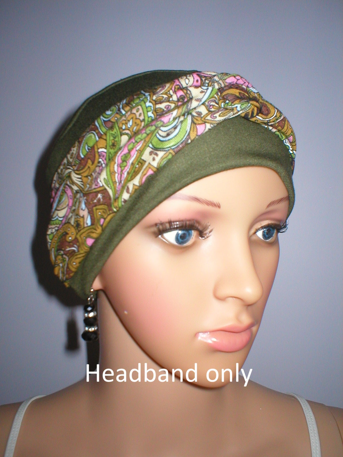 Soft twist jersey headband - chemo headwear accessory - Green brown ochre paisley