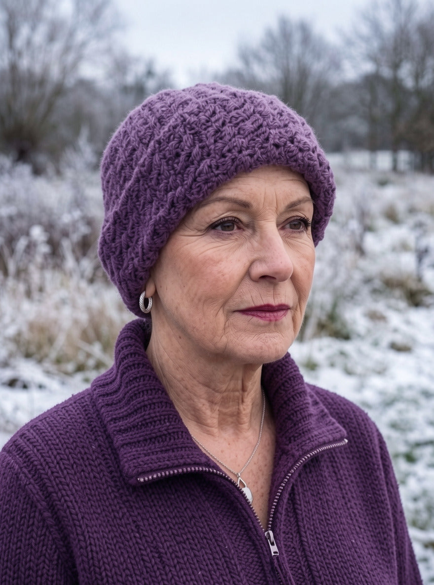 Supersoft hand crochet chunky beanie with turn up - Heather