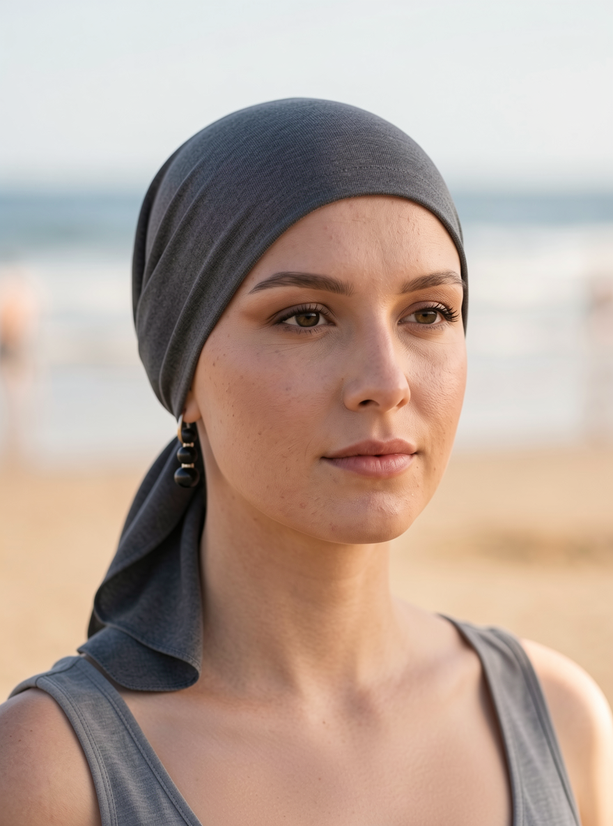 Soft lightweight jersey chemo bandana - pre tied chemo scarf - Kiki dark grey marl