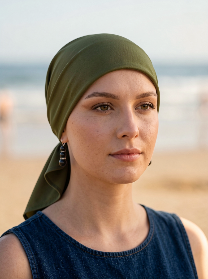 Soft lightweight jersey chemo bandana - pre tied chemo scarf - Kiki khaki