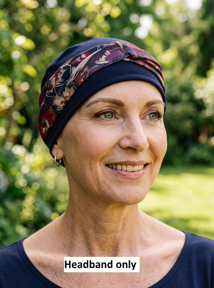 Soft twist jersey patterned stretchy chemo headbands - Sara Navy pansy