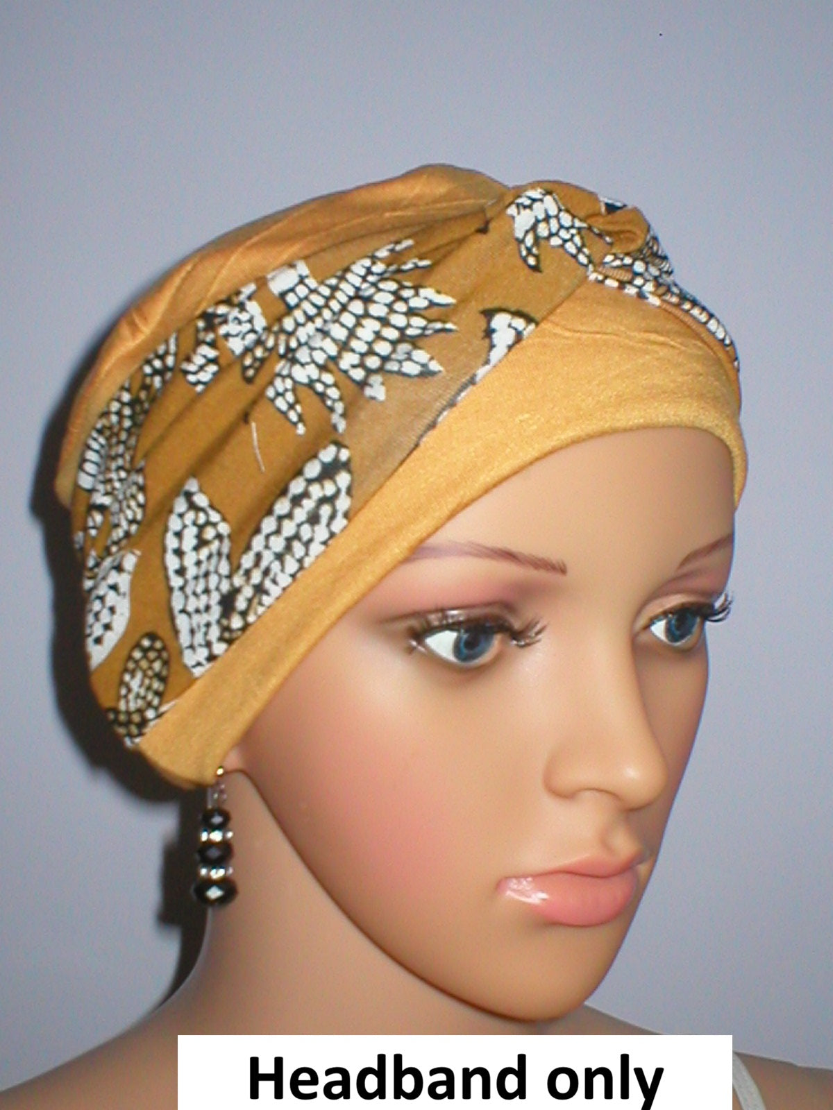 Soft twist jersey patterned stretchy chemo headbands - Sara ochre dotty leaves