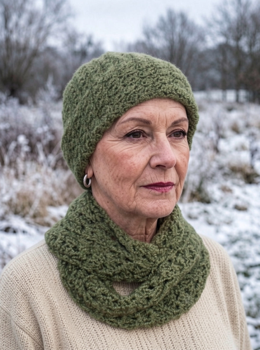 Supersoft hand crochet chunky beanie hat with turn up and infinity scarf - Olive