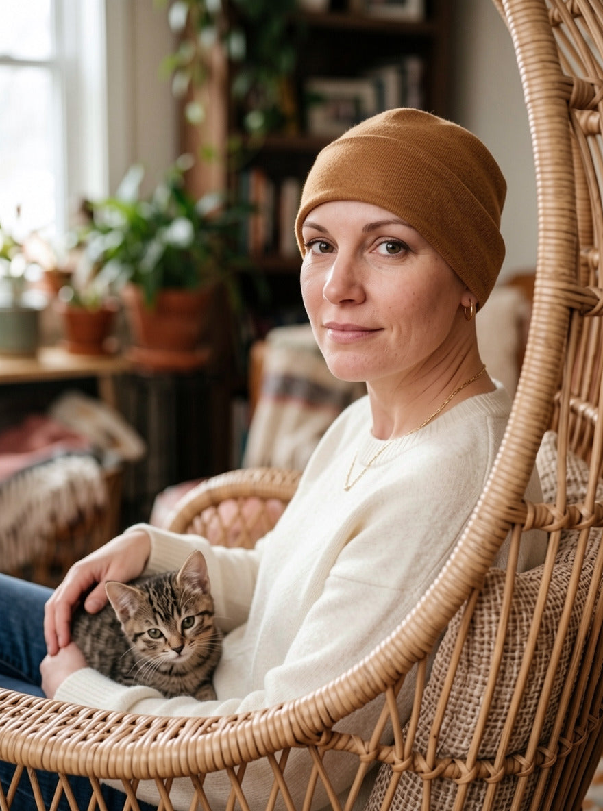 Soft comfortable base chemo hats for hair loss - Olivia Ochre