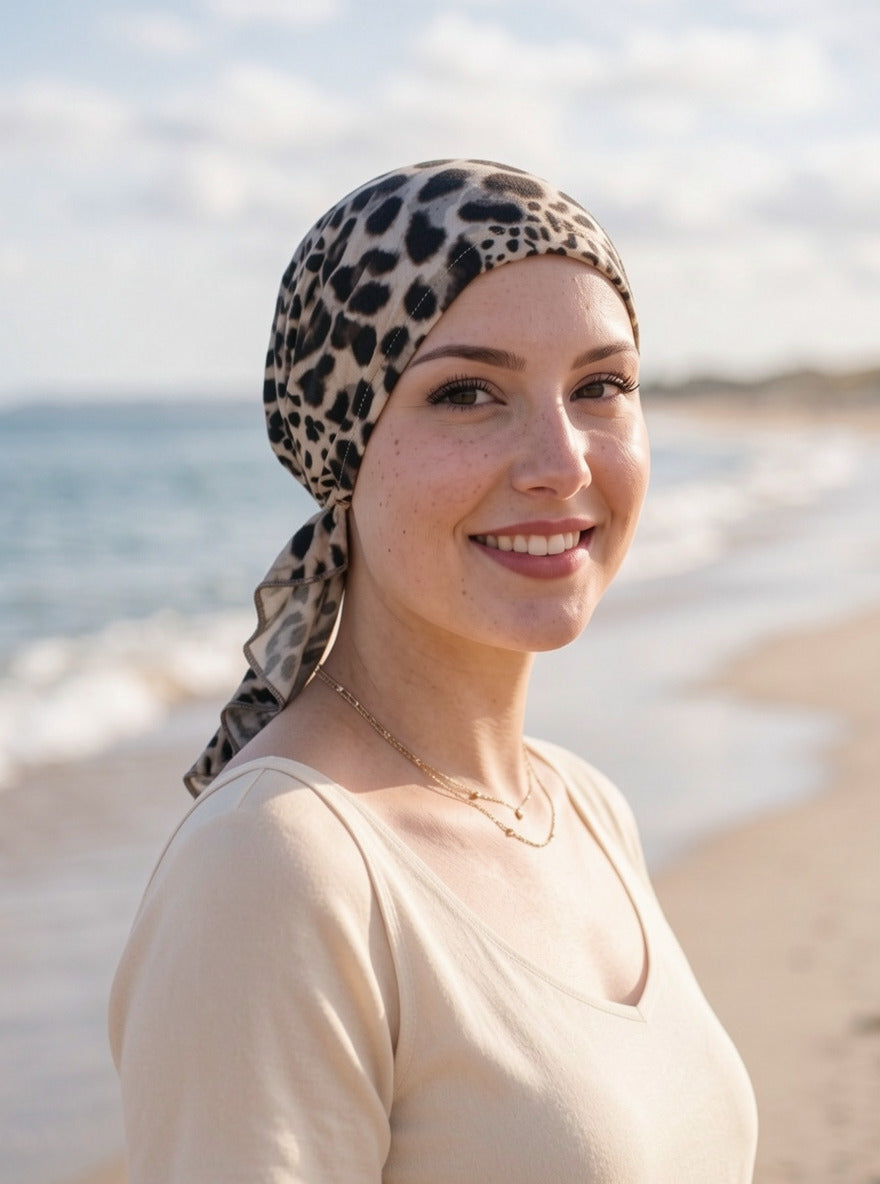 Soft lightweight jersey chemo bandana - pre tied chemo scarf - Pippa cream brown leopard