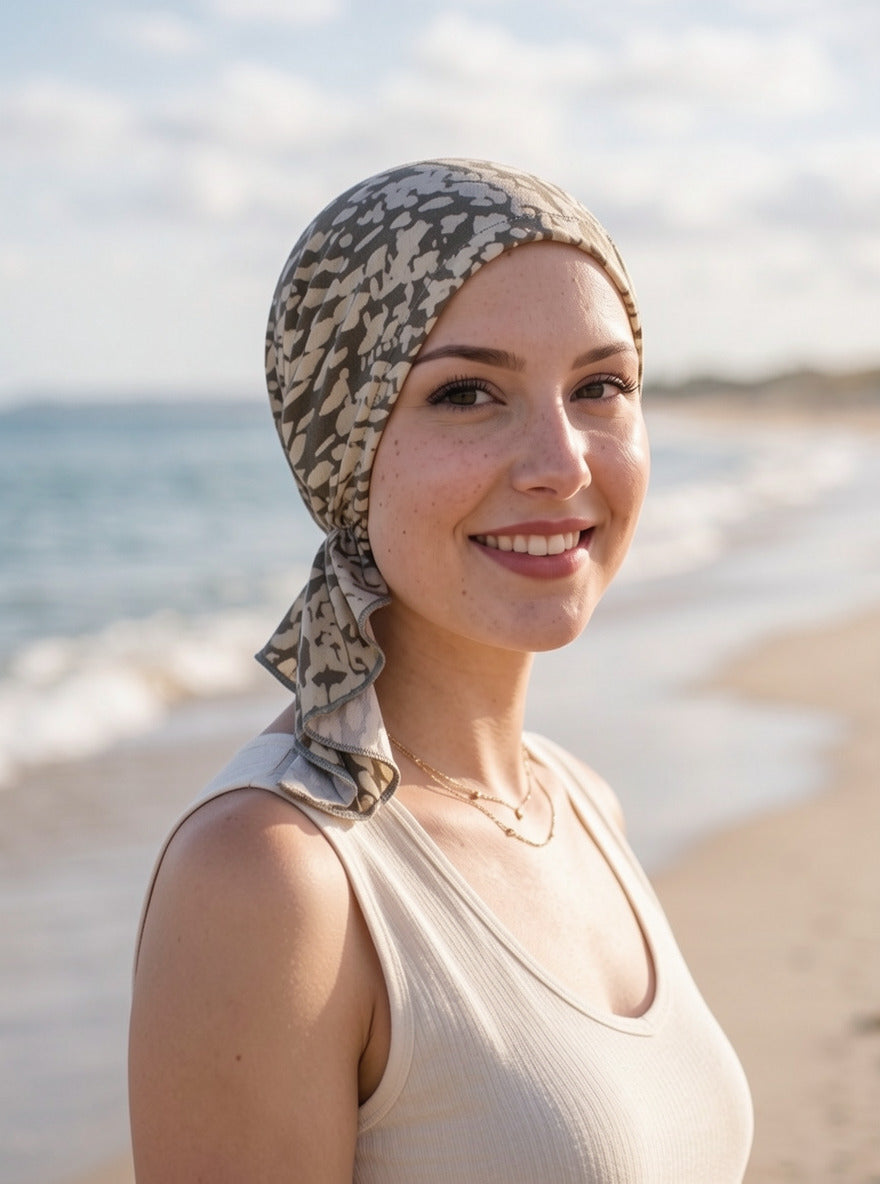 Soft lightweight jersey chemo bandana - pre tied chemo scarf - Pippa cream taupe pebbles