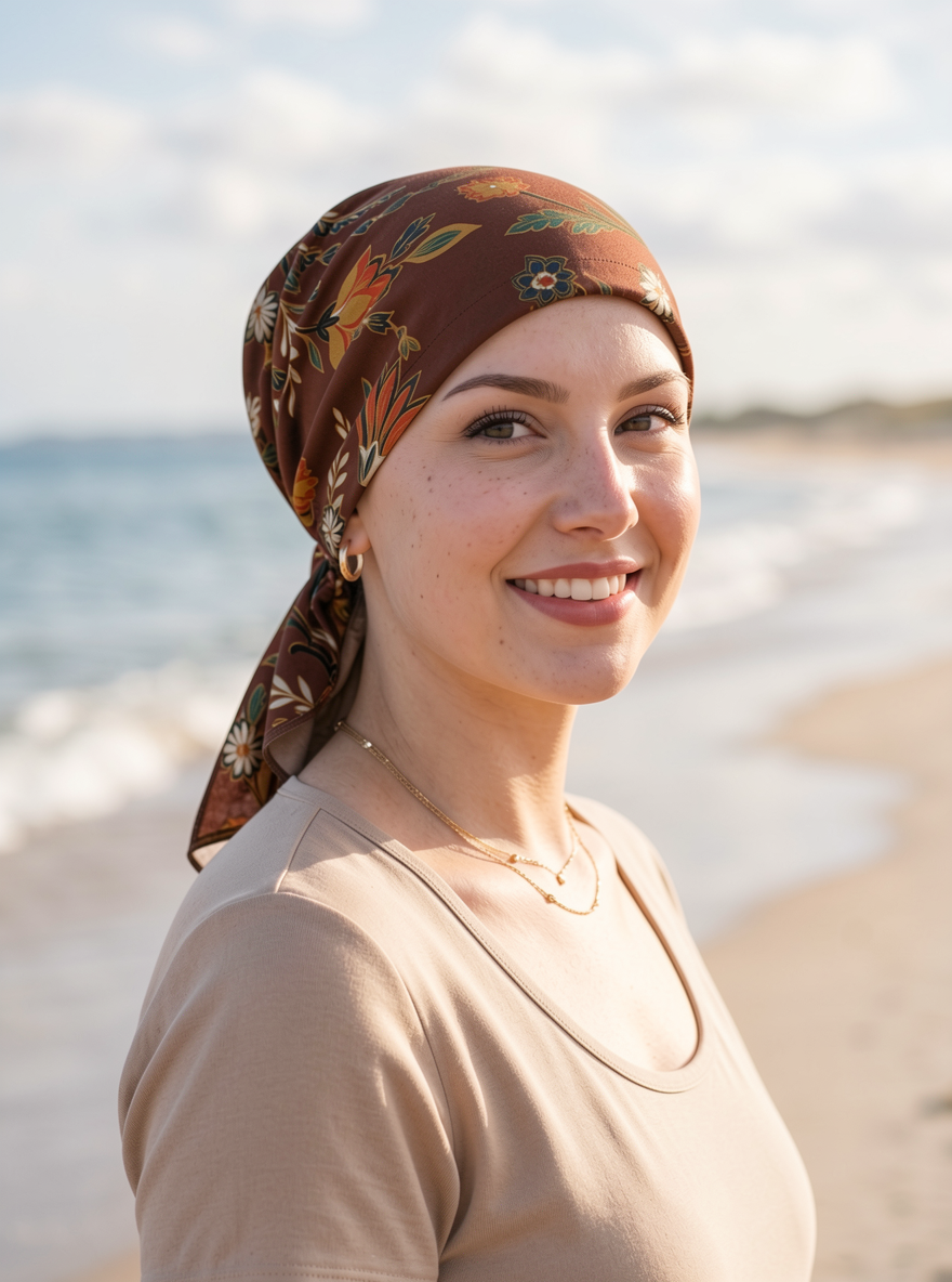 Soft lightweight jersey elasticated chemo bandana/ pre tied chemo scarf - Pippa brown boho