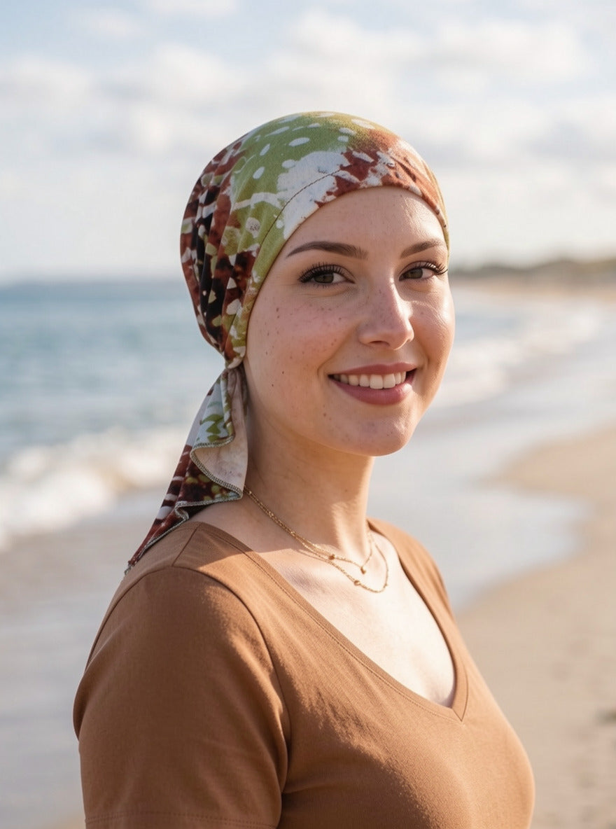 Soft lightweight jersey chemo bandana - pre tied chemo scarf - pippa green brown pebbles