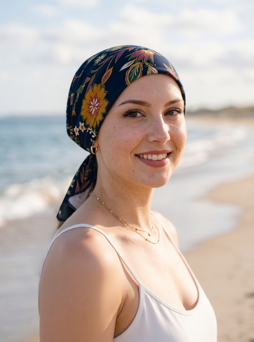 Soft lightweight jersey elasticated chemo bandana/ pre tied chemo scarf - Pippa Navy boho