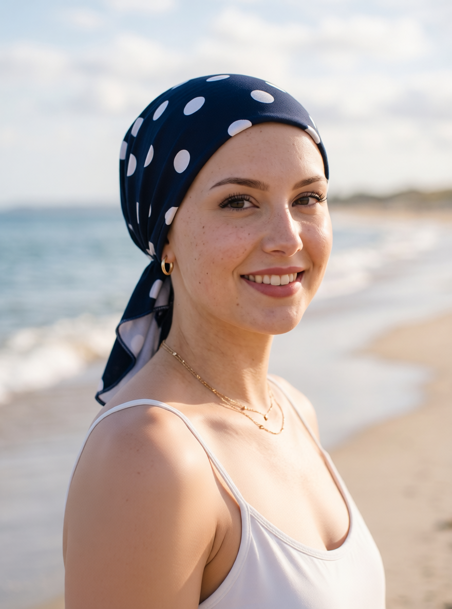 Soft lightweight jersey elasticated chemo bandana/ pre tied chemo scarf - Pippa Navy polka